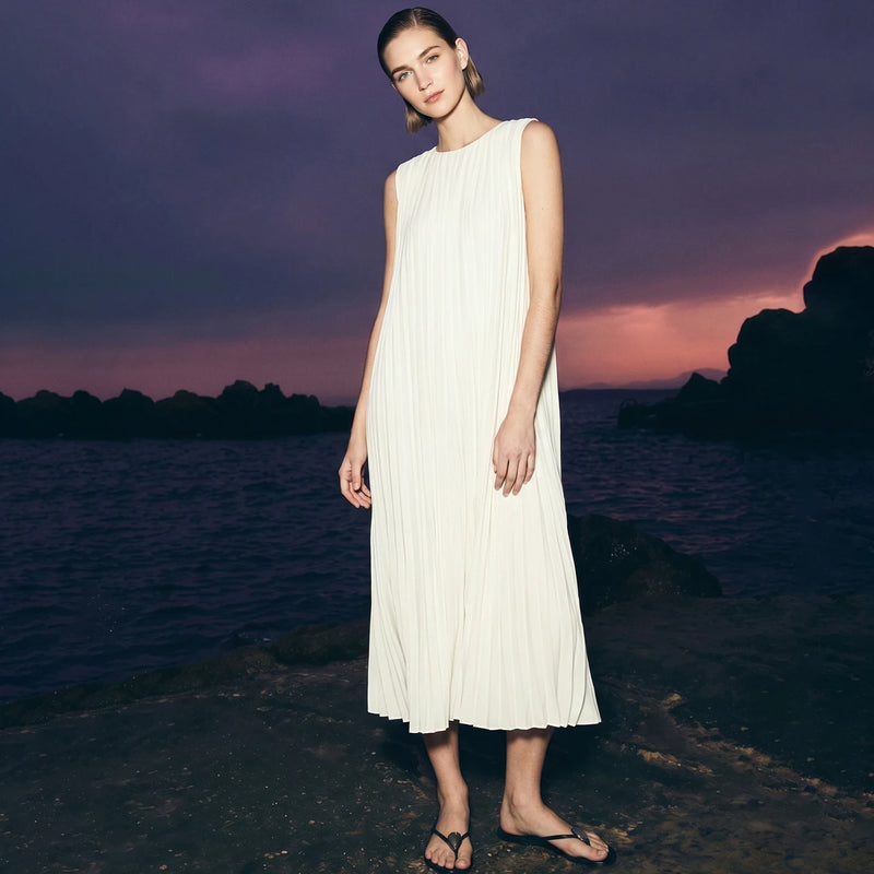 Amii Sleeveless Women's Dress 2026 Summer New Round Neck Tie Pleated Midi Dress Loose Fit Casual Elegant Woman Clothes 12622203