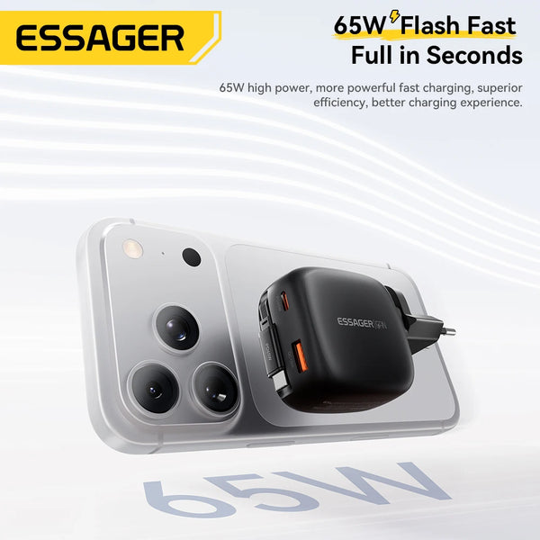 ឆ្នាំងសាក Essager 65W GaN Pro ជាមួយខ្សែប្រភេទ C ដែលអាចដកថយបាន 3 ក្នុង 1 ឆ្នាំងសាកធ្វើដំណើរលឿនសម្រាប់ iPhone 17 16 Pro Samsung Laptop Macbook