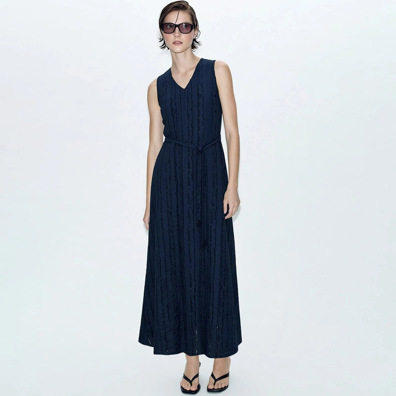 Amii Women's Casual Dresses 2026 Summer V Neck Belted Fringed Jacquard Elegant Sleeveless A-Line Midi Dress For Women 12652075
