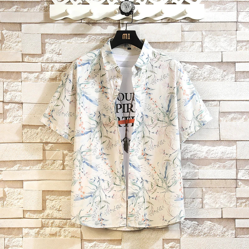 Summer Men's Short-sleeve White Printed Shirt, a Stylish and Casual Cotton Shirts, Available in Blue, Green, and Orange.