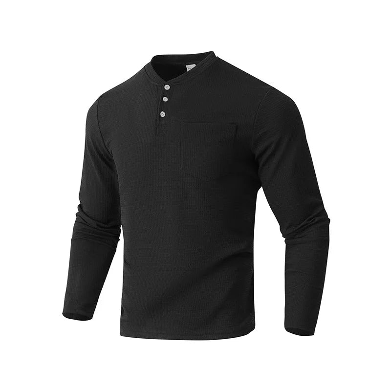 Quality Men's Long - Sleeve Henley Shirt with Button - Down Collar: Casual Spring/Autumn Polo Top Grid O-neck T-shirt