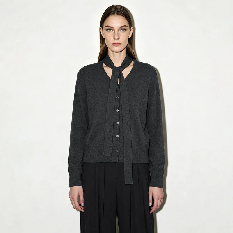 Amii Cardigan Loose Fit V-Neck Tie Detail 2026 Autumn New Office Elegant Single Breasted Long Sleeve Knitted Woman Tops 12643068