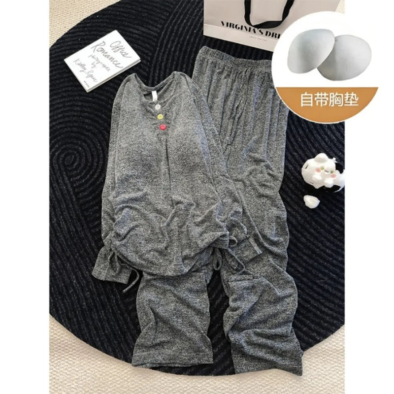 Ladies Pyjamas Chest Pads Sleepwear Female Sleeping Pajamas Set 2026 Autumn Long Sleeve Loungewear Pijama Mujer Homewear Suit