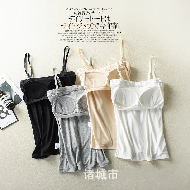 ខោទ្រនាប់ស្ត្រីសិចស៊ី Push Up Sleepwear Top One Piece Pajamas Women Modal Chest Pad Nightwear Sling Vest Bottoming T-Shirt
