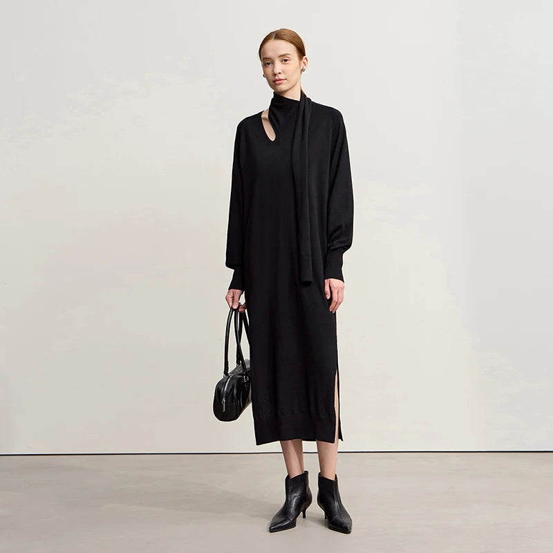 Amii Dress For Woman 2025 Winter New Solid Color Loose Elastic Wool Long Dresses Elegant Hollowed-out Female Clothing 12554076