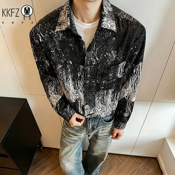 Men Retro Abstract Pattern Shirt Button Up Front Turn Collar Long Sleeve Relax Cut Casual Street Outer Overshirt
