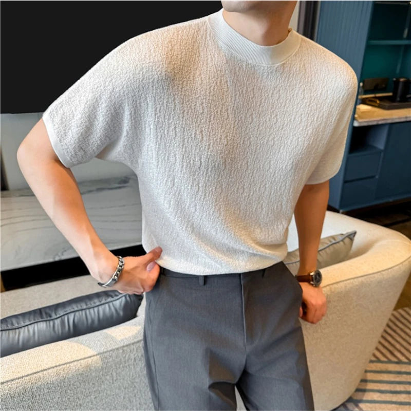 Men's Summer Short Sleeve T-Shirt Knitted Crew Neck Loose Fit Drop Shoulder Ice Silk Cooling Base Layer Top
