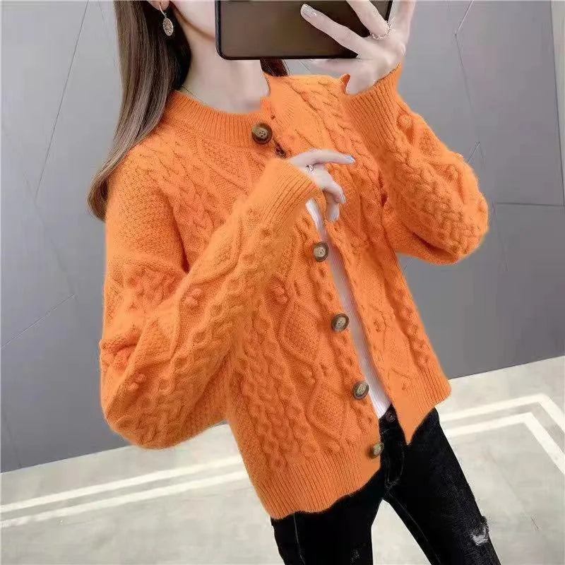 New Solid Color Twist Knitted Cardigan Women's Spring Autumn Short Ladies Sweater Coat Korean Elegant Long Sleeve Tops