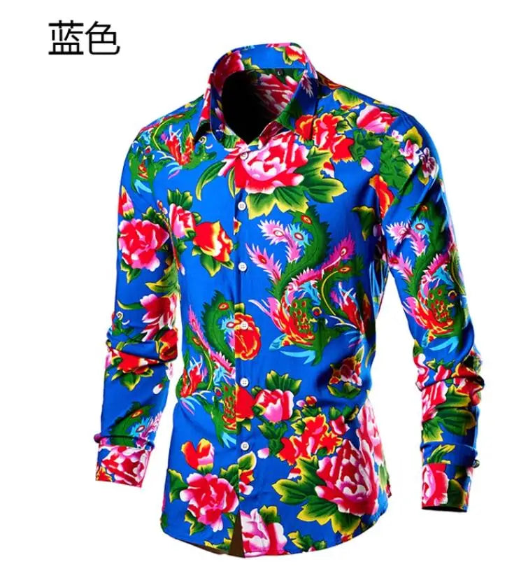 2026 Men's Red Printed Long Sleeve Shirts, Single-Breasted Square Collar Shirt, Chinese Nostalgia Style Tops Camisa Male Chemise