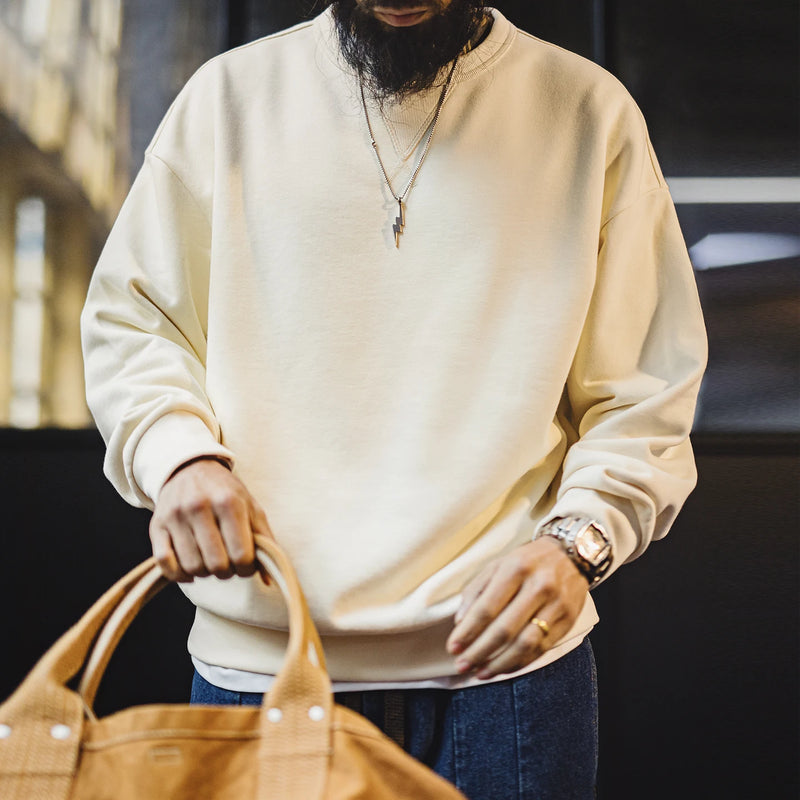 Maden Men's Casual Heavyweight Knit Sweatshirt Loose Fit Crewneck Long Sleeve Pullover Basic Layering Piece for Spring Autumn