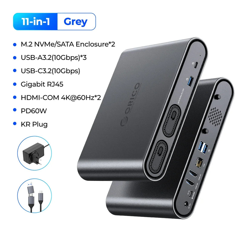 ORICO USB C Triple Display Docking Station with 65W Power Adapter Dual M.2 SSD Case 4K60Hz HDMI-com PD60W Ethernet USB3.2 10Gbps