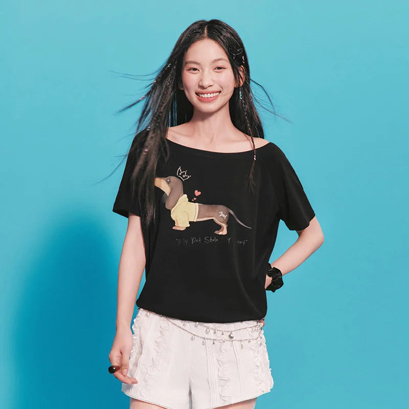 Semir Womens Tshirt 2026 Dog Printed Oversized Raglan Sleeve Slash Neck Petite Style Casual