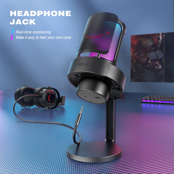 មីក្រូហ្វូន USB FIFINE សម្រាប់ថត និងផ្សាយលើកុំព្យូទ័រ/Mac ជាមួយ Pop Filter, បិទសំឡេងរហ័ស និងរន្ធដោតមីក្រូហ្វូន 3.5mm, មីក្រូហ្វូនជាមួយរបៀប RGB 3 -A8