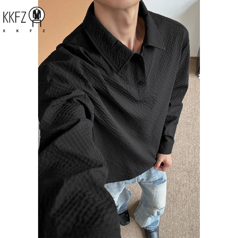 Male Trendy Textured Polo Shirt Lapel Collar Half Button Cropped Silhouette For Short Trip Social Gathering And Street Wear
