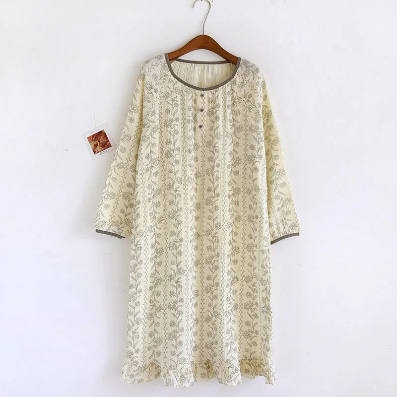Floral Sleepwear Women's Nightgowns Spring Autumn Long Sleeve One Piece Pajamas Dress Pure Cotton Nightdress Sleeping Clothes