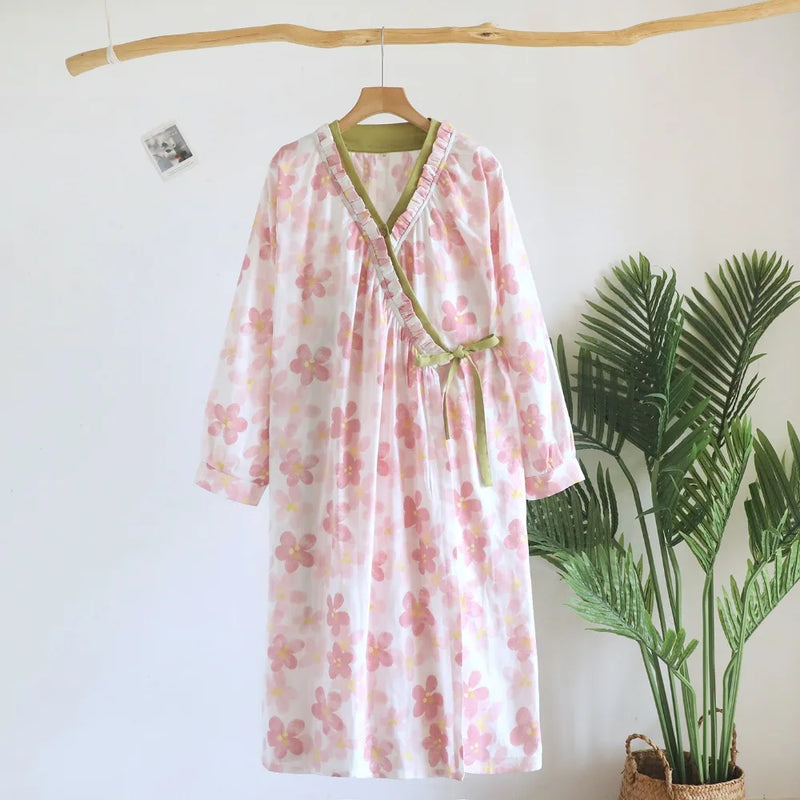 Pure Cotton Floral Robes For Woman Nightwear Sleepwear Soft Loungewear For Spring Autumn New Long-Sleeved Bathrobe Sleep Robe
