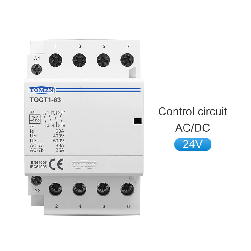 TOMZN TOCT1 4P 63A Din Rail Contactor – 400V AC, Coil: AC/DC 24/110/230V, Contacts: 4NO / 4NC / 2NO2NC (Changeover)