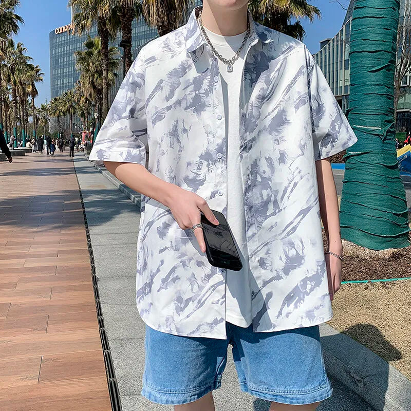 2026 Summer Men's White Short Sleeve Printed Shirt, Beach Vacation Shirts, White Black Gray Green Blue Loose Top, 2025 New