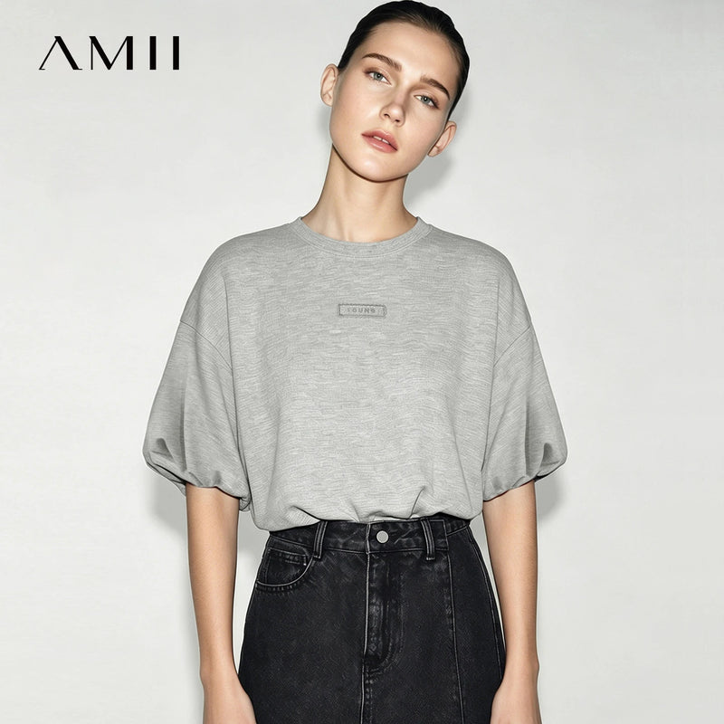 Amii Short Sleeve Tee 2026 Summer New Round Neck Drop Shoulder Cotton Top Loose Fit Embroidered Short T-Shirt For Women 12652005