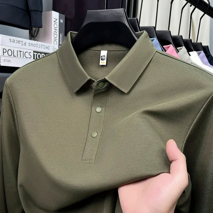 Men's Wool Blend Long Sleeve Polo - Light Blue (White/Black/Olive Green) Wool & Mulberry Silk Breathable Comfort Fit