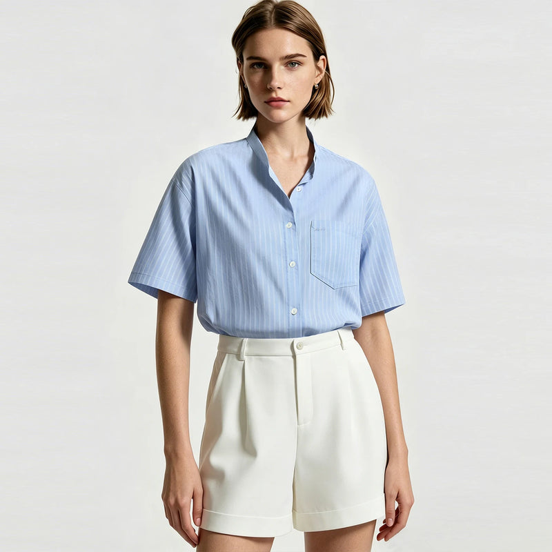 Amii Striped Women's Shirt 2026 Summer New Stand Collar Contrast Ribbon Trim Cotton Blouse Loose Breathable Casual Top 12642011