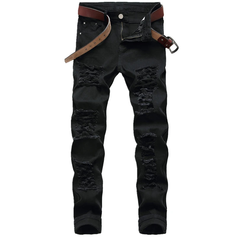 Men's White Straight Hole Destruction Jeans, Asian Size Distressed Red Denim Trousers,  Fashion Designer Brand Black Pants.