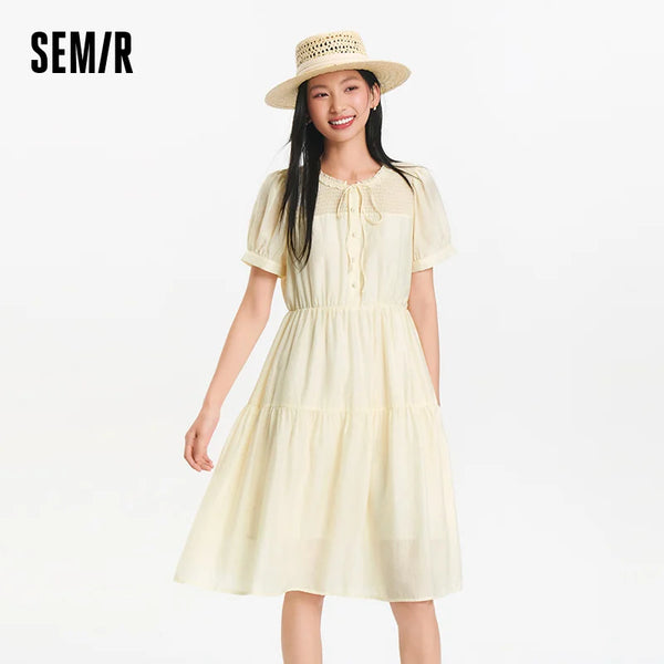រ៉ូបស្ត្រី Semir ដៃអាវប៉ោង ក ចរ មីឌី បារាំង ឆើតឆាយ រដូវក្តៅ 2026 រ៉ូមែនទិក ទន់ ស្រួលពាក់ អាវប្រចាំថ្ងៃ