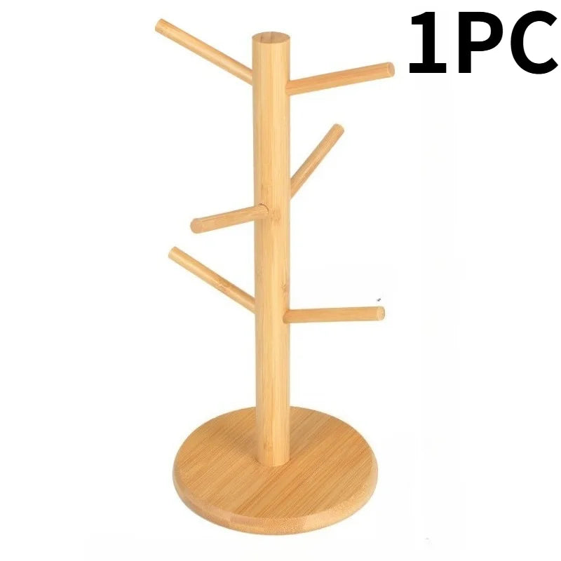 1pc legant Bamboo Cup Holder with Wooden Finish,Space-Saving Kitchen Organizer,with Multiple Hooks, Ideal for Home or Office.