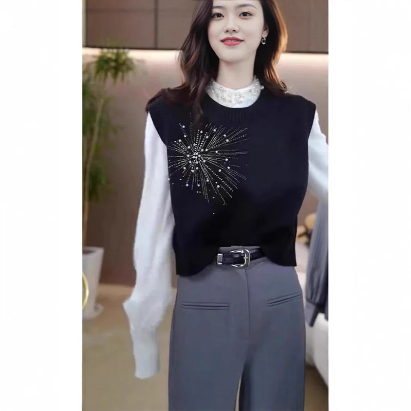 Bead Heavy Industry Crew Neck Outer Wear Vest Stacked Knitted Sweater Casual Chic Top Women's Jacket Cardigan Female Waistcoat