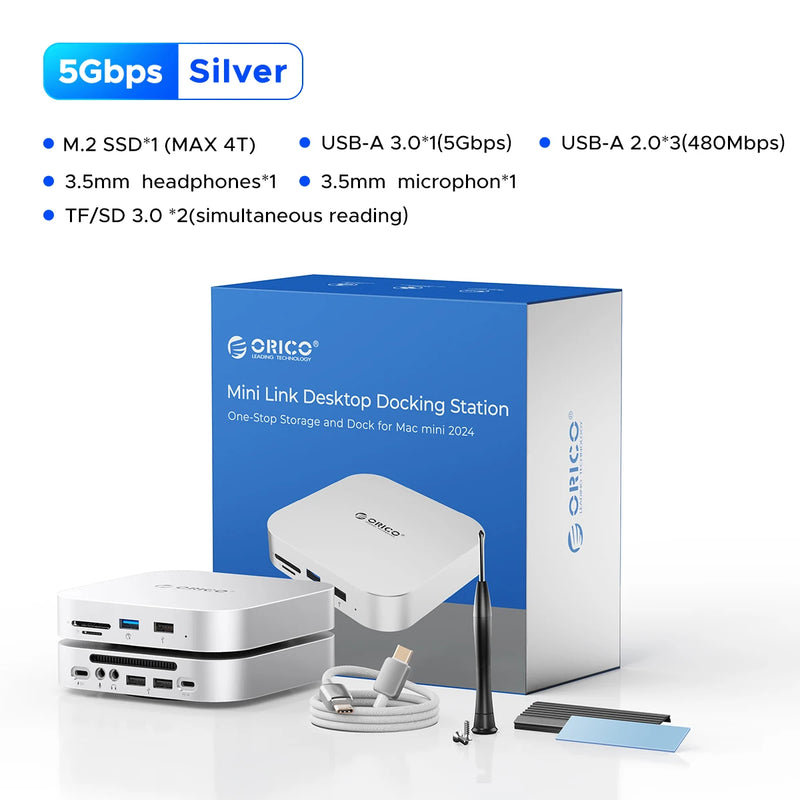 ORICO Mac Mini M4 Docking Bracket USB3.0 HUB Docking Station SD/TF Card Multi-Port USB C HUB for Mac Mini M4/M4 Pro