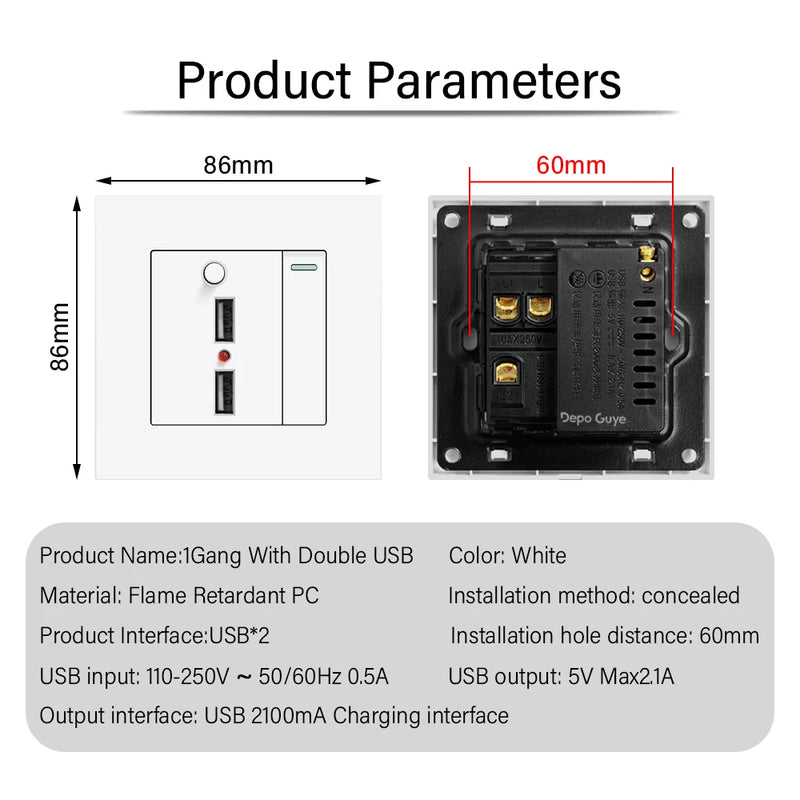 1 gang 2 way with 2 ports USB charging socket, with LED light, AC110-250V, light switch with international universal USB socket