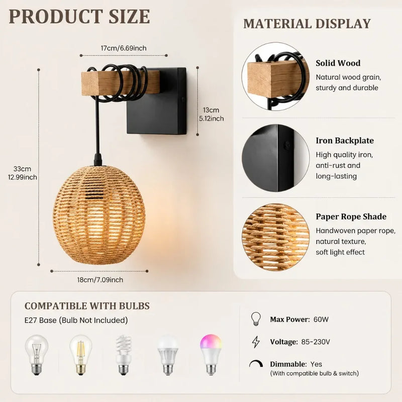 JOYINLED Vintage Indoor Wall Light, E27 Retro Rattan Wall Lamp with Woven Lampshade Wall Lamp for Living Room, Bedroom, Hallway