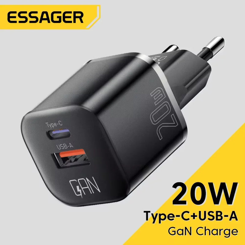 ឆ្នាំងសាក Essager 20W GaN USB Type C PD សាកថ្មលឿន QC 3.0 សម្រាប់ iPhone 14 13 12 11 Pro Max Mini iPad សាកថ្មបានលឿន
