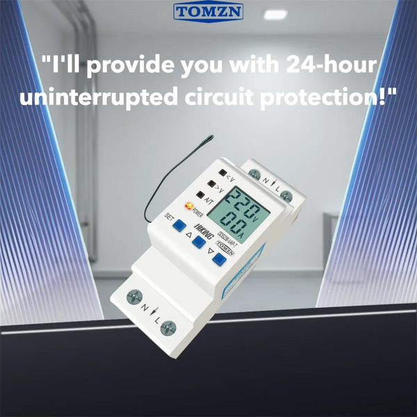 TOMZN Rail-Mount Adjustable Over/Under Voltage Protector With Current/Temperature Limit Protection, Voltage/Current/kWh Metering