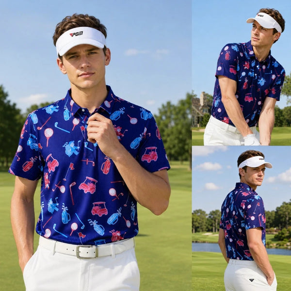 PGM Golf Men's Summer Short sleeved T-shirt Printed Polo Shirt Mesh Breathable Quick drying High elasticity Sports Top YF911