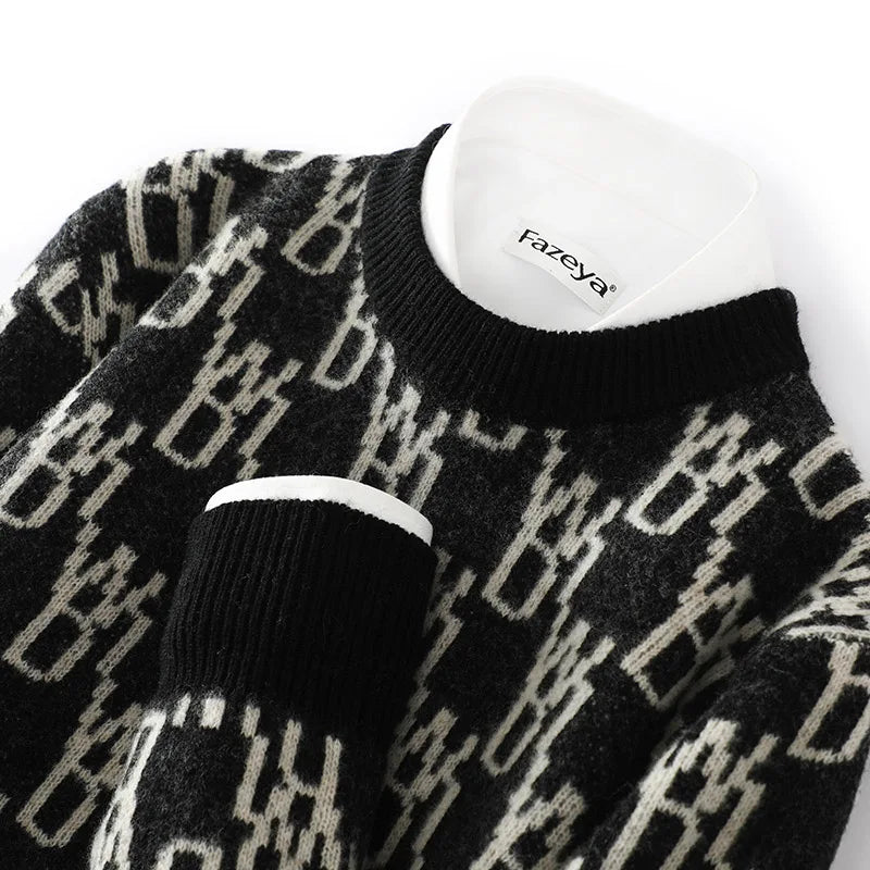 Unisex 100% Wool Sweater, Color Block Jacquard Round Neck, Loose Fit Winter New, High-end Fashionable Warm