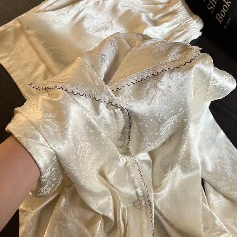 Ice Silk Women's Home Clothes Thin Two Piece Loungewear Spring Autumn Long Sleeve Sleepwear Nightwear Pijamas for Lady Pyjamas