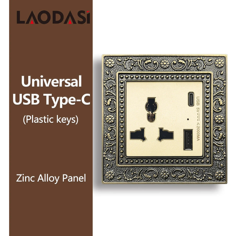 Deopoguye Vintage EU FR UK Light Switch Socket,Europe Standard Metal Zinc Alloy Push 1/2/3Gang Switch Panel for Home Improvement