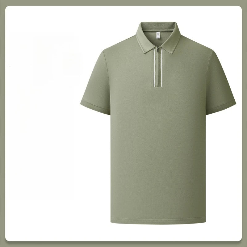 Men's Zipper Polo Shirt – Soft Lyocell Linen Silk Blend, Breathable & Stretchy, Business Casual Short Sleeve for Summer Travel