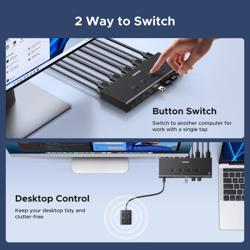 UGREEN HDMI KVM Switch 4 in 1 Out 4K@60Hz Switch with Remote Control USB 3.0 5Gbps Ultra-fast Transfer Monitor Keyboard Mouse