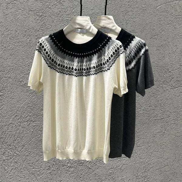 Men's Fair Isle Knitted Short Sleeve T-Shirt -Old Money Style Crewneck Summer Top Vintage Geometric Jacquard Casual Business Tee