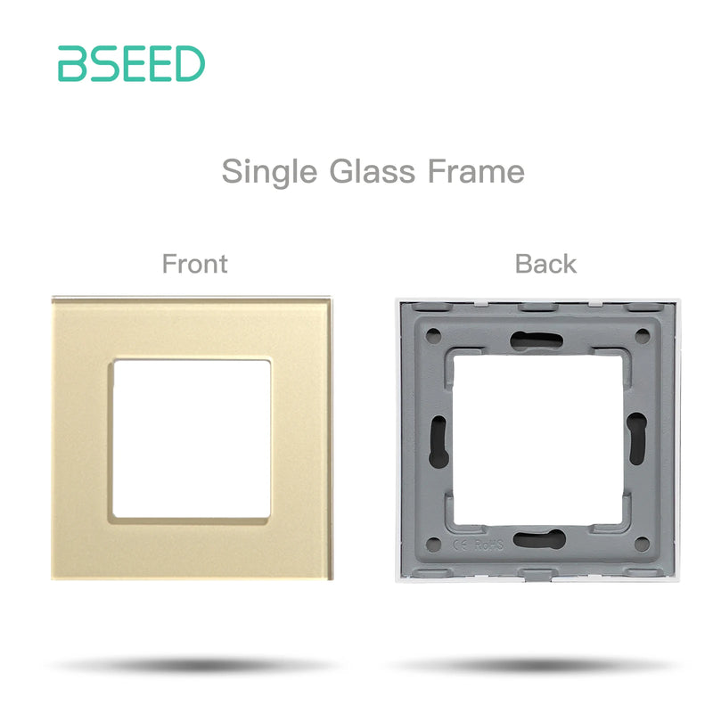 BSEED EU Standard Crystal Panel Wall Socket Frame Glass Switch Panel With Metal Plate 86/157/228/299mm White Black Golden