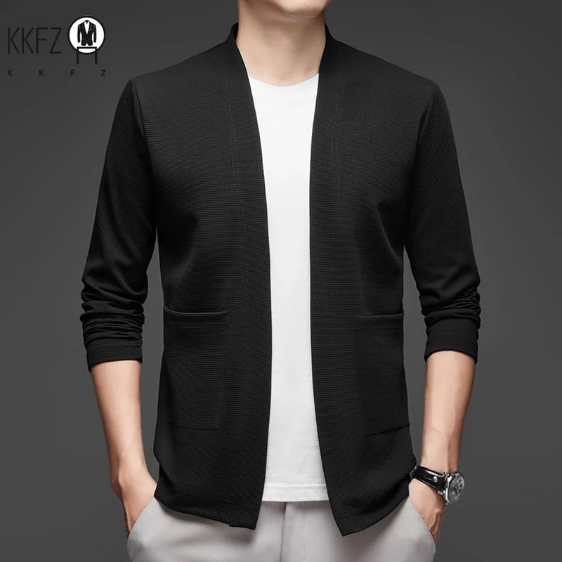 New Men's Business Casual Long Sleeved Solid Color Cloak Jacket Knitted Comfortable and Fashionable All Season Versatile Top