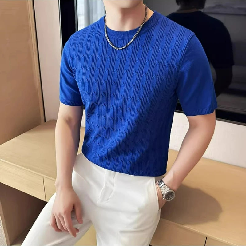 Men's Summer Slim Fit Knitted Polo Shirt - Mature Style Short Sleeve Grid Pattern Business Casual Top with Contrast Collar
