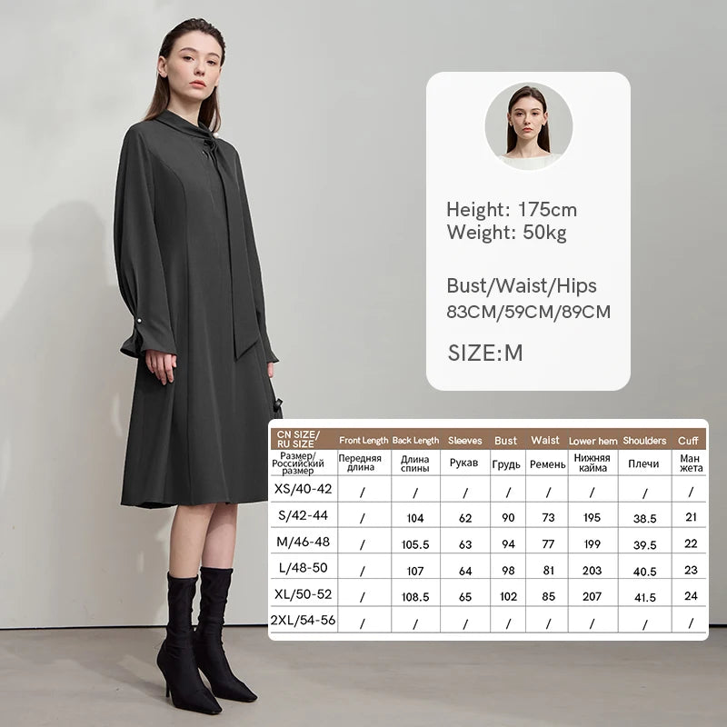 AMII Minimalist Women Evening Luxury Dress 2026  Autumn Collared Ribbon Mid Length A-Line Dress Office Lady Black Dress 12523082