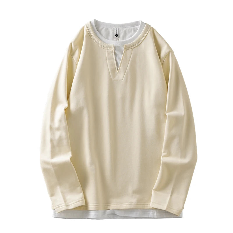 DUKEEN Men's 2-In-1 Pullover Sweatshirt 2025 Spring and Autumn New Fashion Loose Crew-Neck Long Sleeve T Shirts for Men