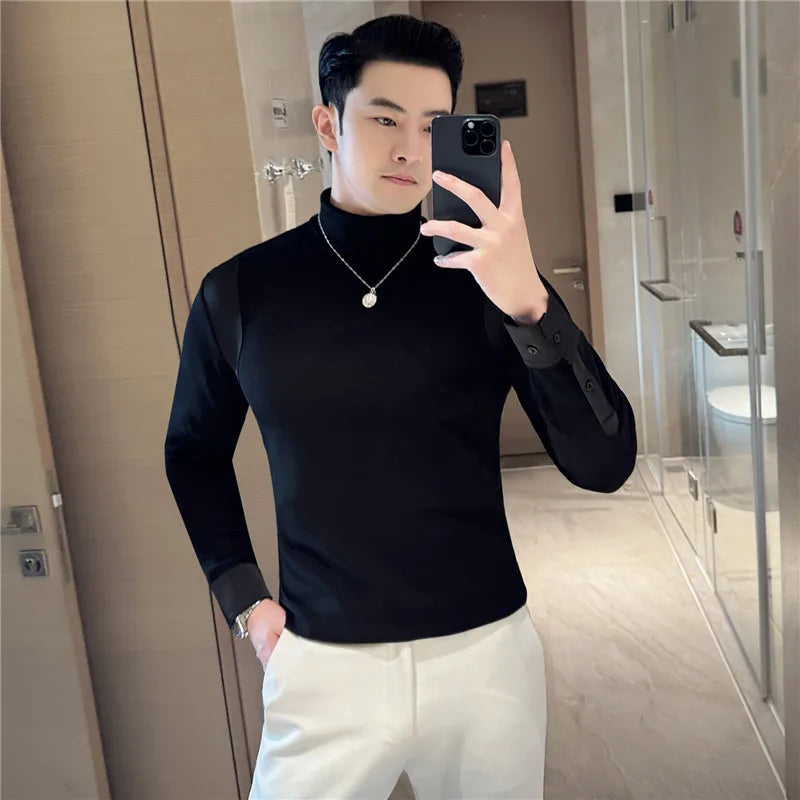 Turtleneck Stitching Long Sleeve T-shirt, Men's Thickening Stretch Fleece Bottoming Shirt, Fashion Slim-Fitting T-shirt
