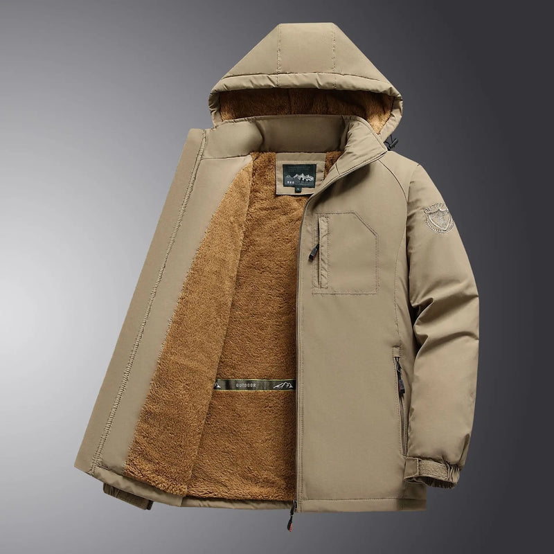 Men's Detachable Hood Jacket, Windproof Waterproof Outdoor Coat, Fleece-Lined Option, Army Green Khaki Navy Black