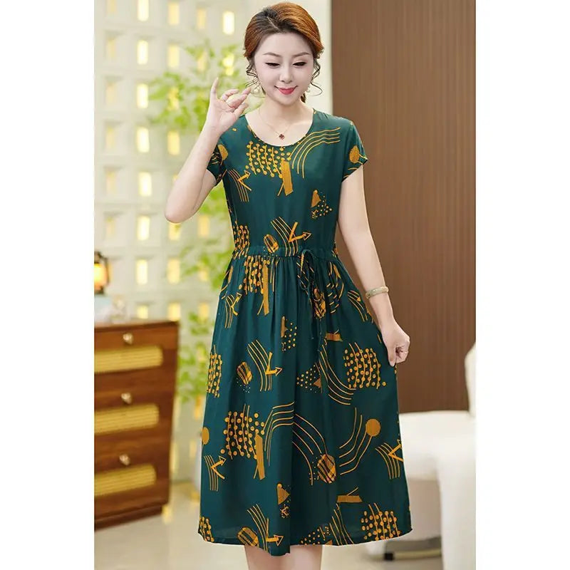 New Middle-aged Elderly Mothers Sleepwear Summer Cotton Dress Large Size Short-sleeved Ethnic Style Print Women's Nightgowns