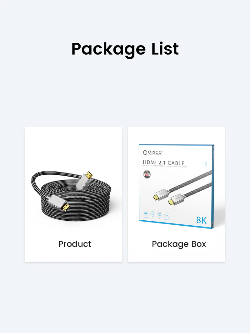 ORICO ORICO 8K@60Hz HDMI-compatible 2.1 Cable 48Gbps Gold-Plated Connectors for Gaming PS5/Xbox/PC 4K 120Hz eARC Dolby Atmos